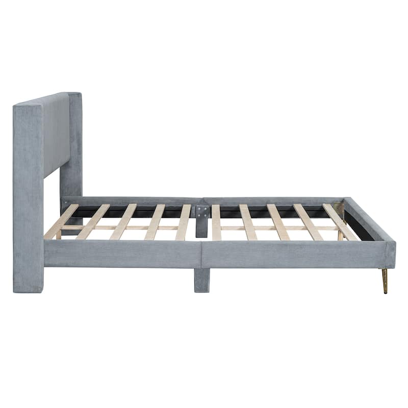 Roomfitters Queen Size Corduroy Platform Bed with Metal Legs and Luxurious Upholstery for Modern Bedrooms