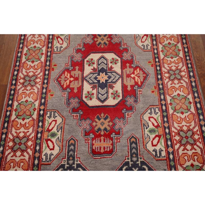 Gray Kazak Foyer Rug Hand-Knotted Wool Carpet - 3'2" x 5'0"