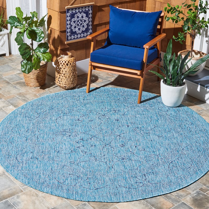 SAFAVIEH Courtyard Aquata Indoor/ Outdoor Waterproof Patio Backyard Rug - 6'7" Round - Aqua/Navy