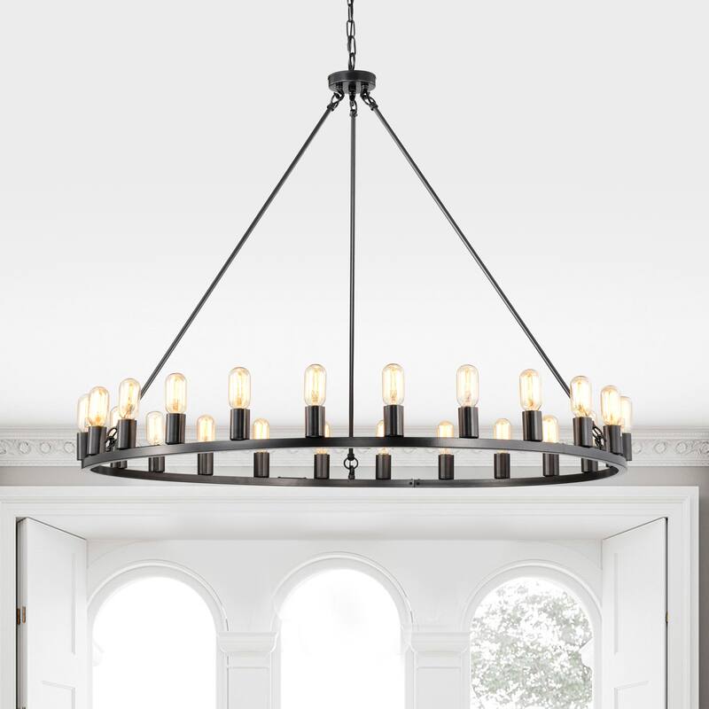 Black Smith Iron 48-inch Wagon Wheel 24-light Chandelier
