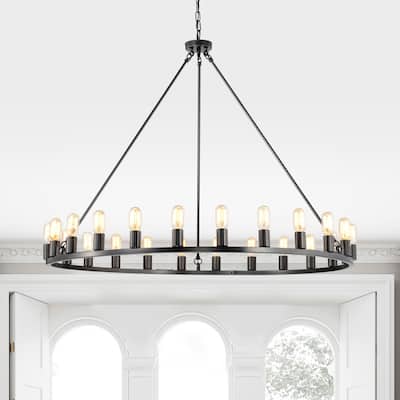 Black Smith Iron 48-inch Wagon Wheel 24-light Chandelier