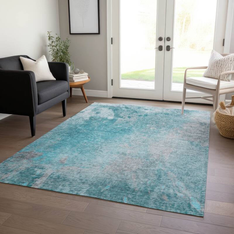 Machine Washable Indoor/ Outdoor Abstract Solid Chantille Rug - Teal - 9' x 12'