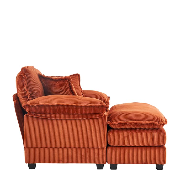 56.3 Inch Corduroy Single Deep Seat Sofa Chair With 2 Toss Pillows and a Ottoman