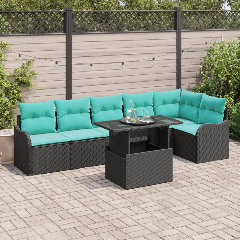 vidaXL 7 Piece Garden Sofa Set with Cushions Black Poly Rattan - 113.2×24.4×27.2