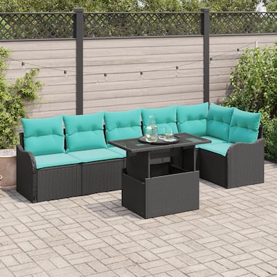 vidaXL 7 Piece Garden Sofa Set with Cushions Black Poly Rattan - 113.2×24.4×27.2