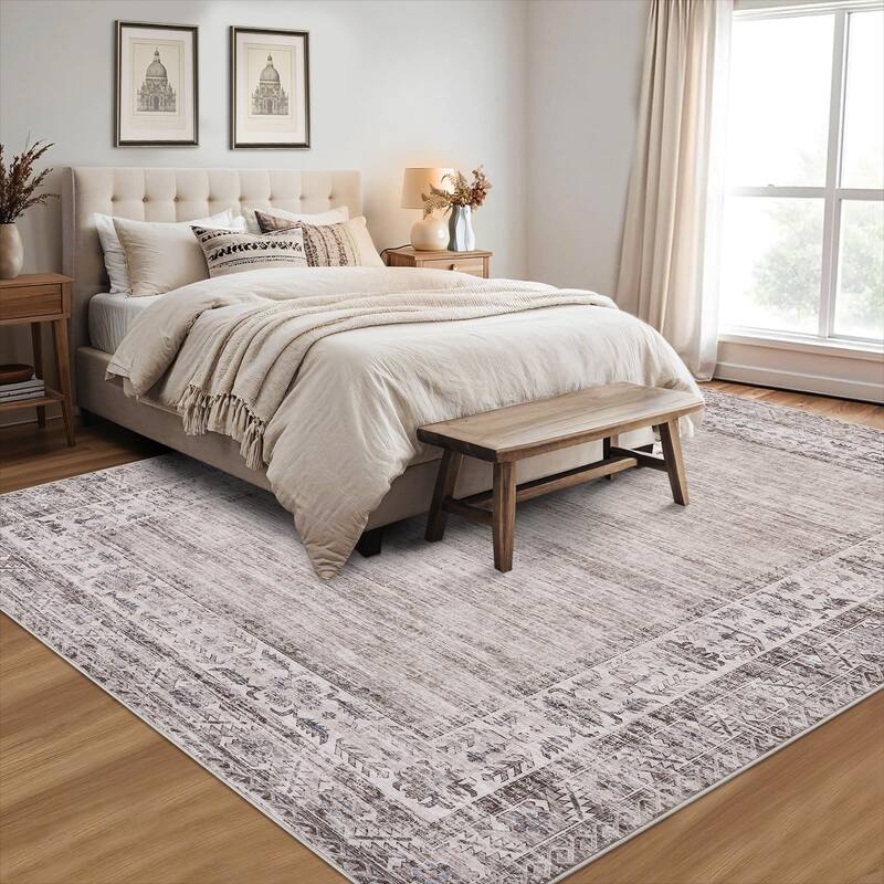 Vintage Bordered Area Rug Washable Area Rug Non-Slip Low Pile Throw Carpet for Living Room Bedroom Dining Room