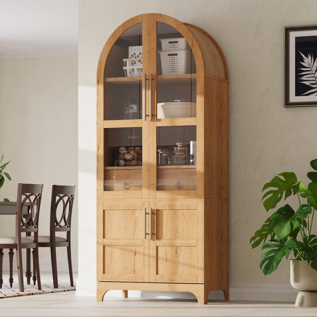 71" Tall Arched Pantry Cabinet with Shelves, Hidden Drawer and Glass Door