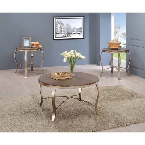 3 Piece Table Set with Curved Legs in Rustic Oak and Gold