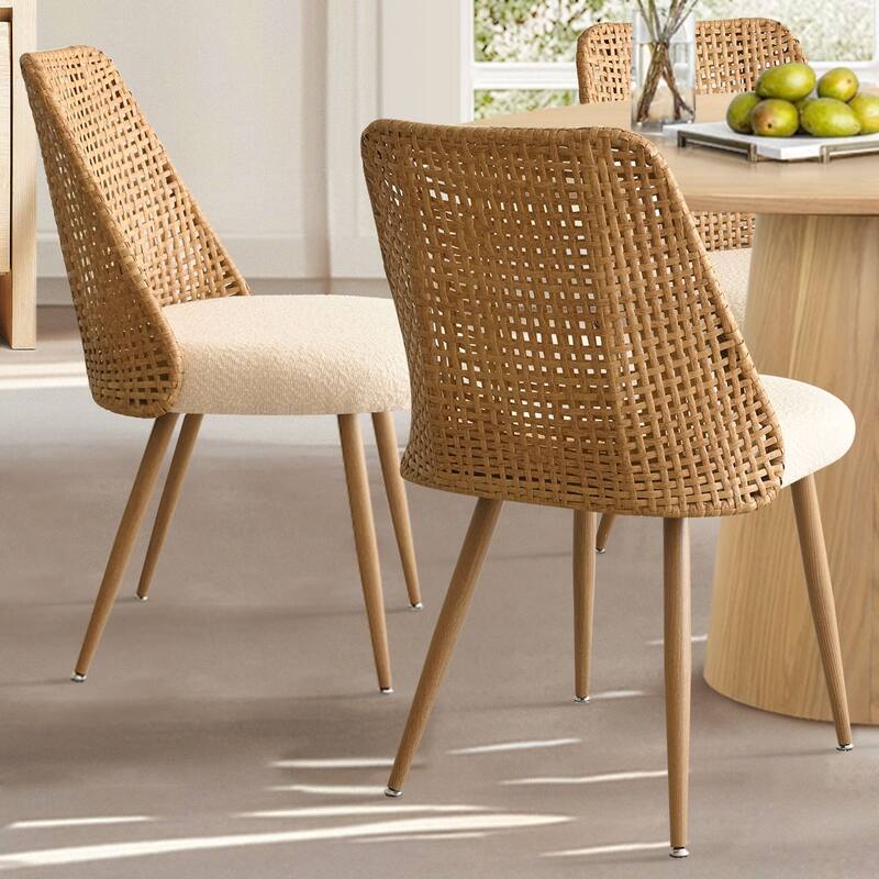 19.5" Seat Height Boucle Rattan Back Dining Chair (Set of 2)
