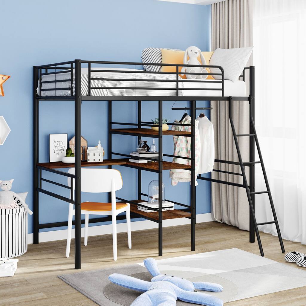 Metal Bed with Desk, Shelf and Hanging Rod, Black