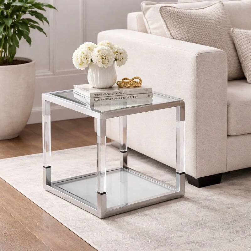 Jape 22 Inch Square Side End Table, Glass, Stainless Steel, Acrylic, White