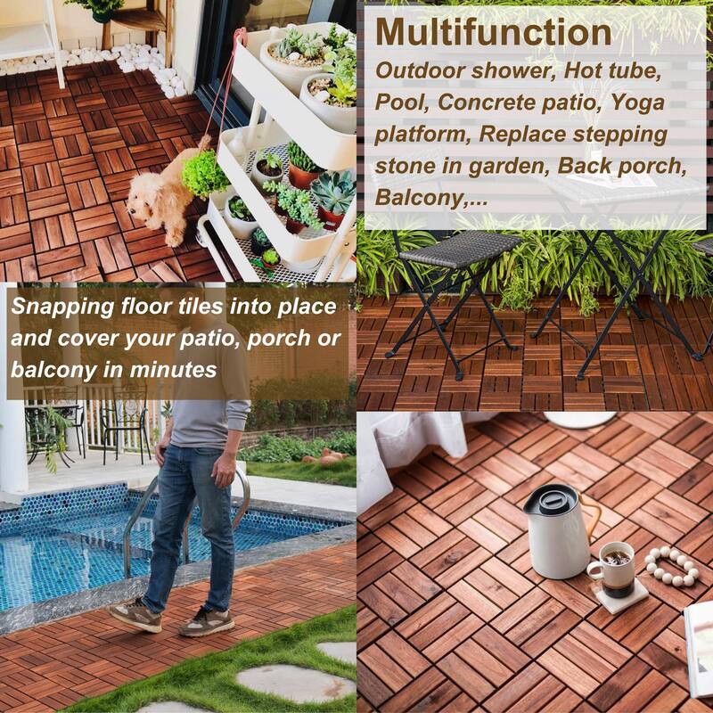 12" x 12" Square Brown Acacia Hardwood Outdoor Flooring for Patio Bancony Pool Side Interlocking Deck Tiles