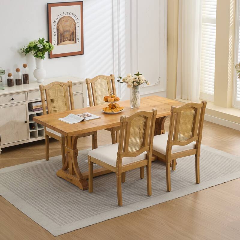 Roomfitters French Country Dining Chairs Set of 2 with Rattan Back and Upholstered Seat, Farmhouse Wood Side Chairs