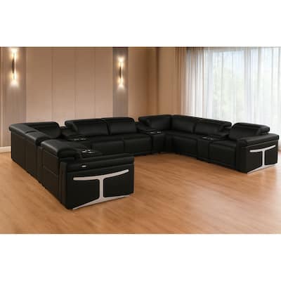 HomeRoots Black Italian Leather Power Reclining U Shaped Twelve Piece Sectional With Console