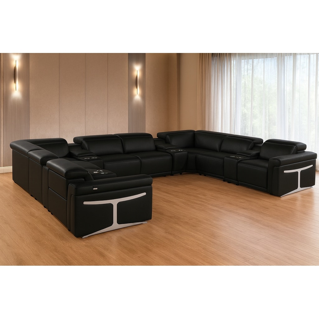 HomeRoots Black Italian Leather Power Reclining U Shaped Twelve Piece Sectional With Console