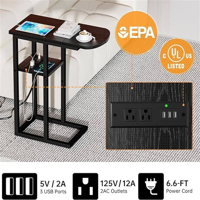 C Shaped End Table with Charging Station - 20.6"D x 11.8"W x 27.8"H