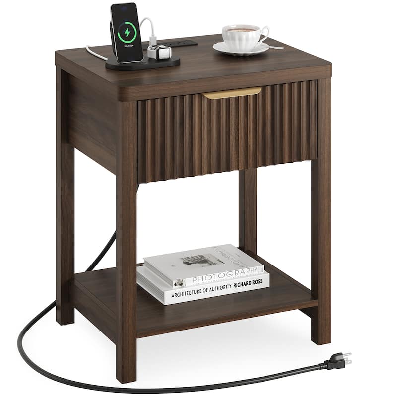 Nightstand with Drawers Fluted Bedside Table with Charging Station