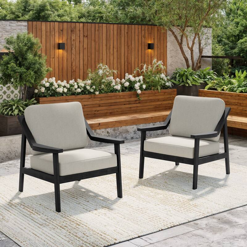 Solid Wood Outdoor Arm Chair Loveseat with Cushion - Black/Light Camel - 2 Club chairs