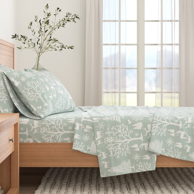 Linery & Co. Turkish Cotton Double-Brushed Printed Flannel Bed Sheet Set - Queen - Enchanted Woods - Blue
