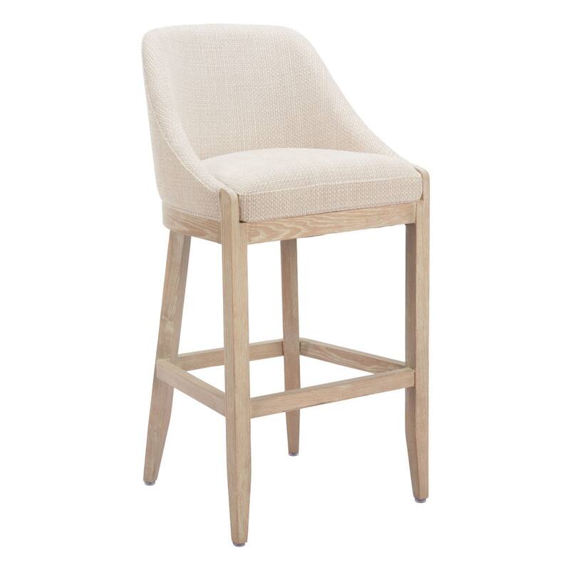 HomeRoots 31" Beige and Natural Fabric and Solid Wood Bar Height Bar Chair