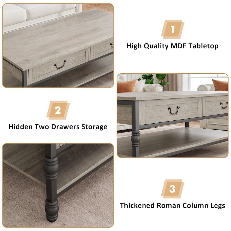 41" Coffee Table with 2 Storage Drawers, Rustic Coffee Tables