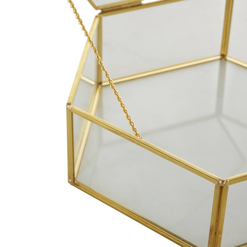 Glass Geometric Hexagon Decorative Jewelry Box with Gold Metal Frame and Chain Accent - Set of 2 Clear - Roche River Decor