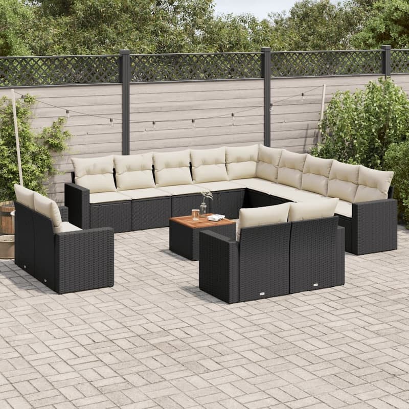 vidaXL Patio Sofa Set with Cushions Outdoor Furniture 14 Piece Poly Rattan - 21.7 x 21.7 x 14.6 - Black and cream