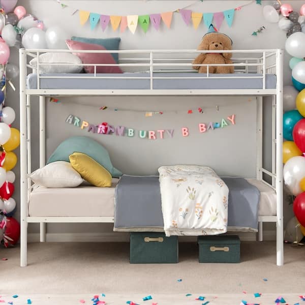 slide 2 of 9, Modern Twin over Twin Metal Bunk Bed with Ladder and Sturdy System for Adults Teens White