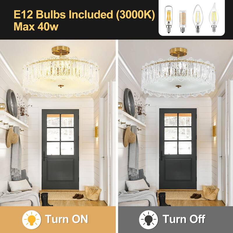 Brass Modern Crystal Semi Flush Mount Ceiling Light for Living Room, Bulbs Included