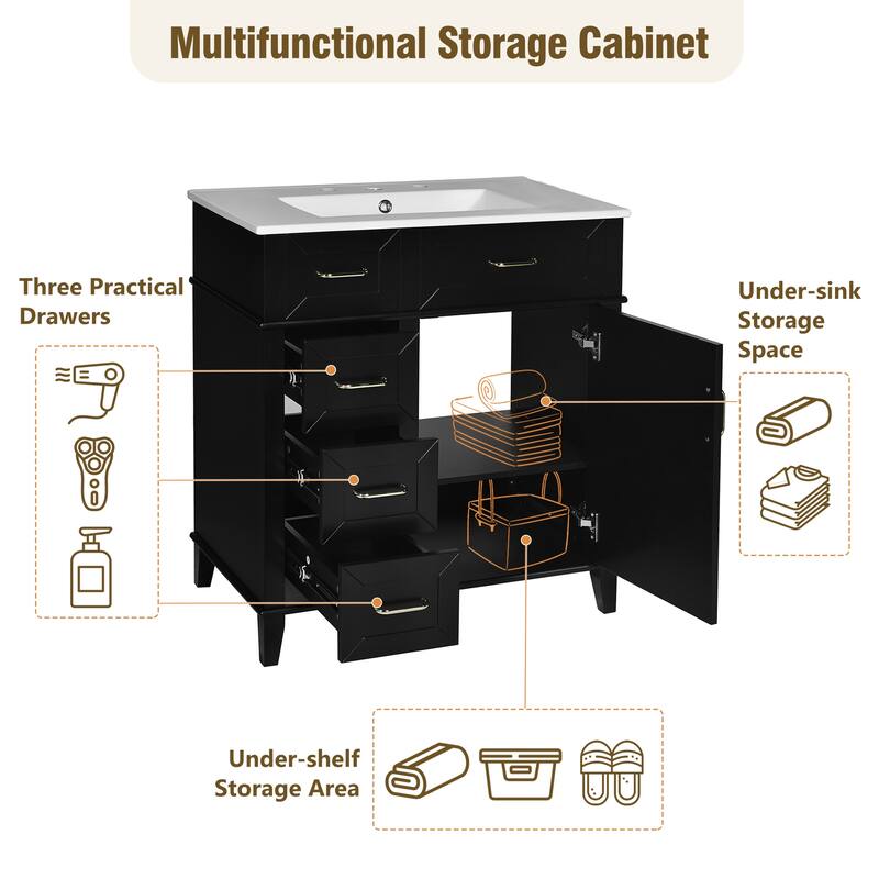 GDFStudio - Snowdon Transitional Freestanding Bathroom Vanity Cabinet with Ceramic Sink, Soft Close Drawers & Adjustable Storage