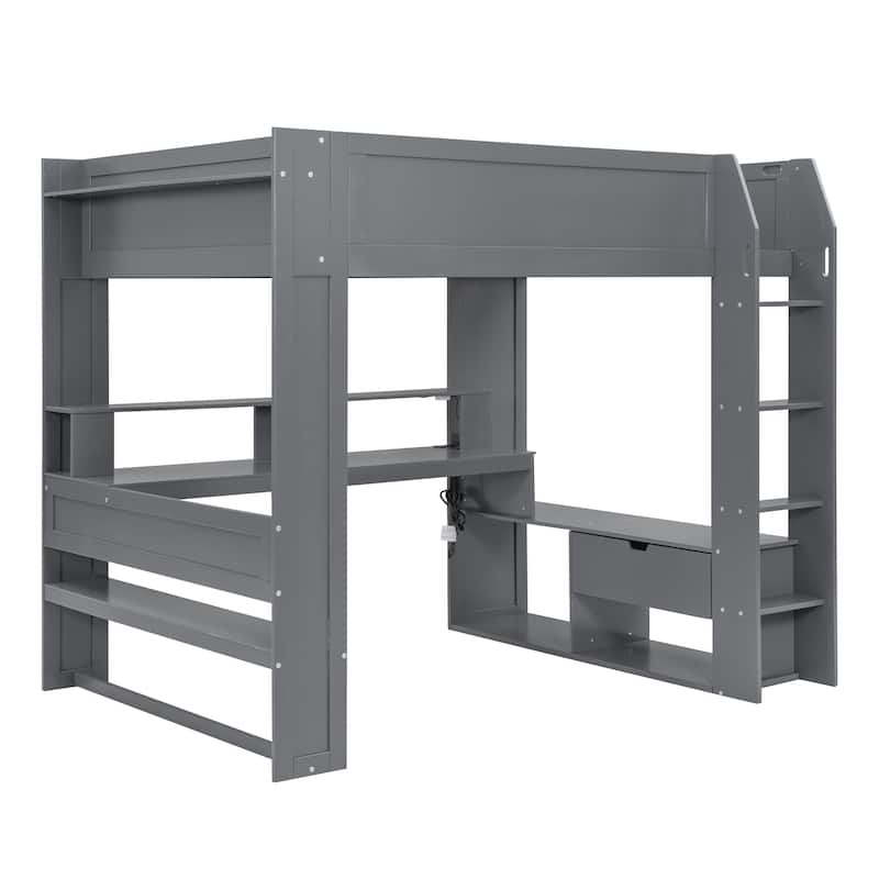 Dark Gray Full Size Solid Wood MDF Gaming Loft Bed with Desk, Shelves, LED, and Charging Station
