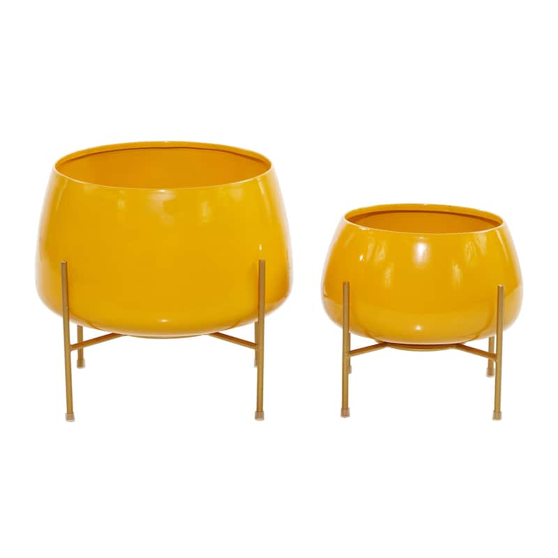 Metal Rounded Dome Indoor Outdoor Planter with Removable Stands - Set of 2 Teal, Yellow, Orange - Roche River Decor