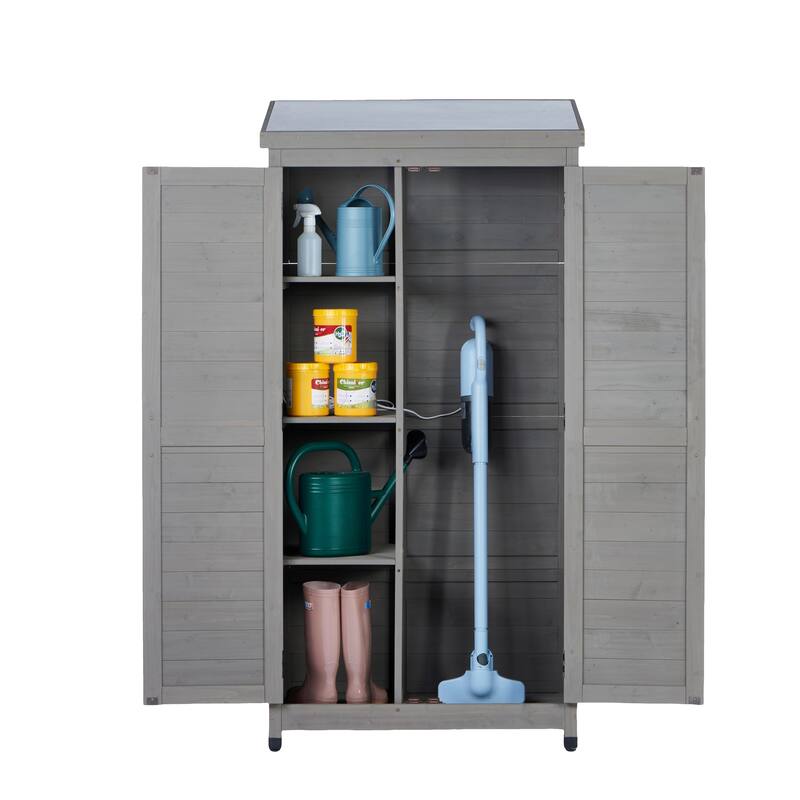 Outdoor Wooden Storage Shed with Metal Top Tall Vertical Tool Cabinet for Backyard Garden Patio Lawn
