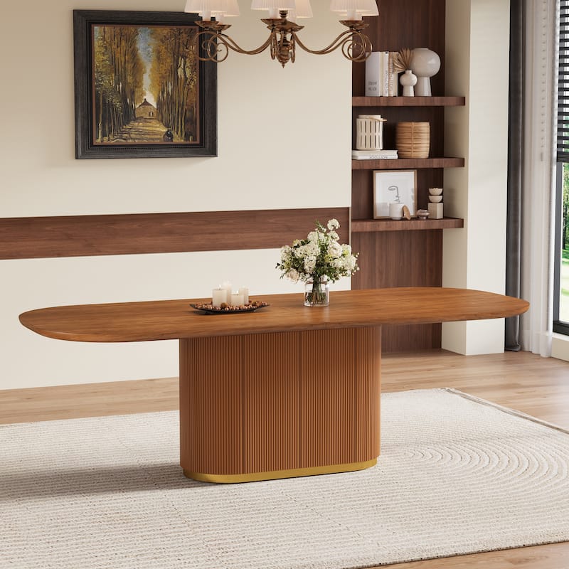 86.8" Oval Mid-Century Modern Dining Table (Seats 8-10), Brown Solid Wood Veneer Kitchen Table with Built-in Storage