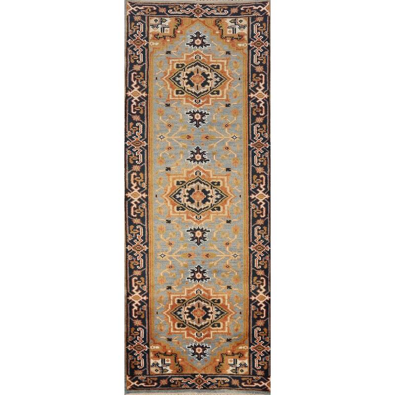 Light Blue Heriz Serapi Indian Runner Rug Handmade Wool Carpet - 2'8" x 7'10"