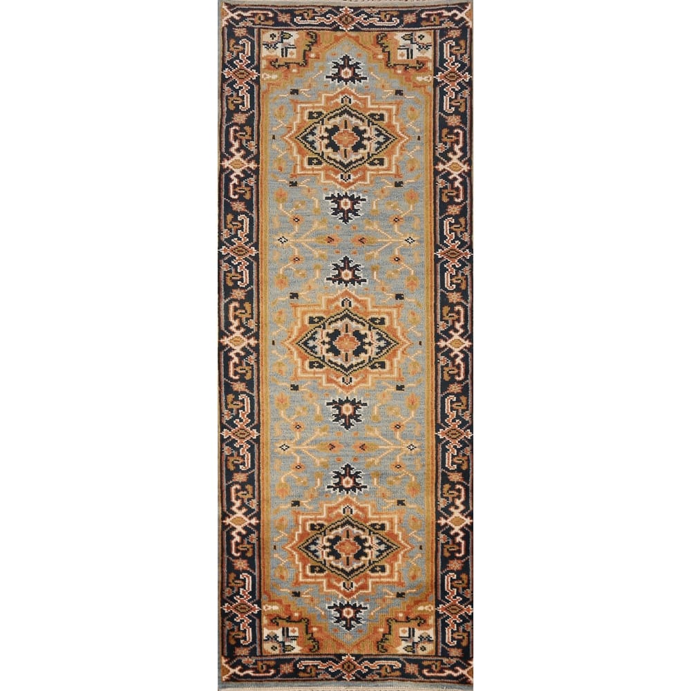 Light Blue Heriz Serapi Indian Runner Rug Handmade Wool Carpet - 2'8" x 7'10"
