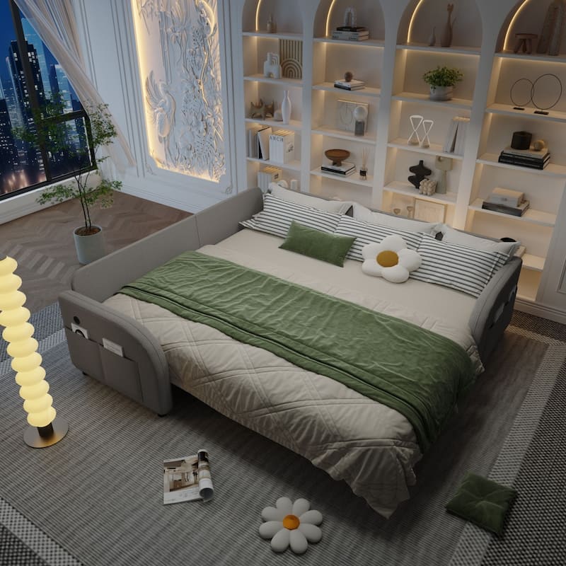 85.1" Teddy Upholstered Sofa with Pull-Out Bed and USB Port