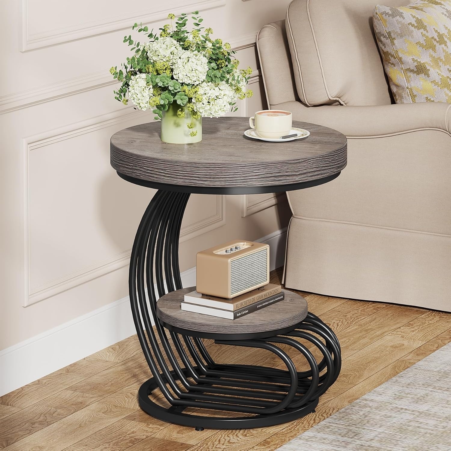 Round End Table, 2-Tier Small Wood Couch Side Table with Shelf Storage, Modern Bedside Nightstand