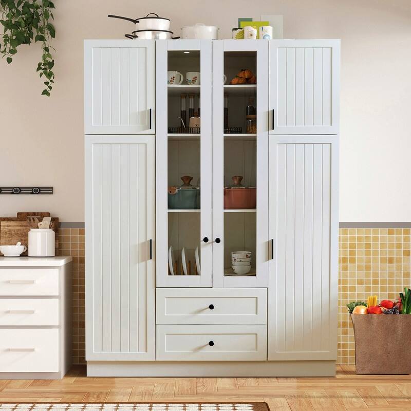 Modern 71" Tall Kitchen Pantry with Storage Cabinet, 6 Doors , Drawers, Adjustable Shelves,Pull-out Trays and Wine Rack - White