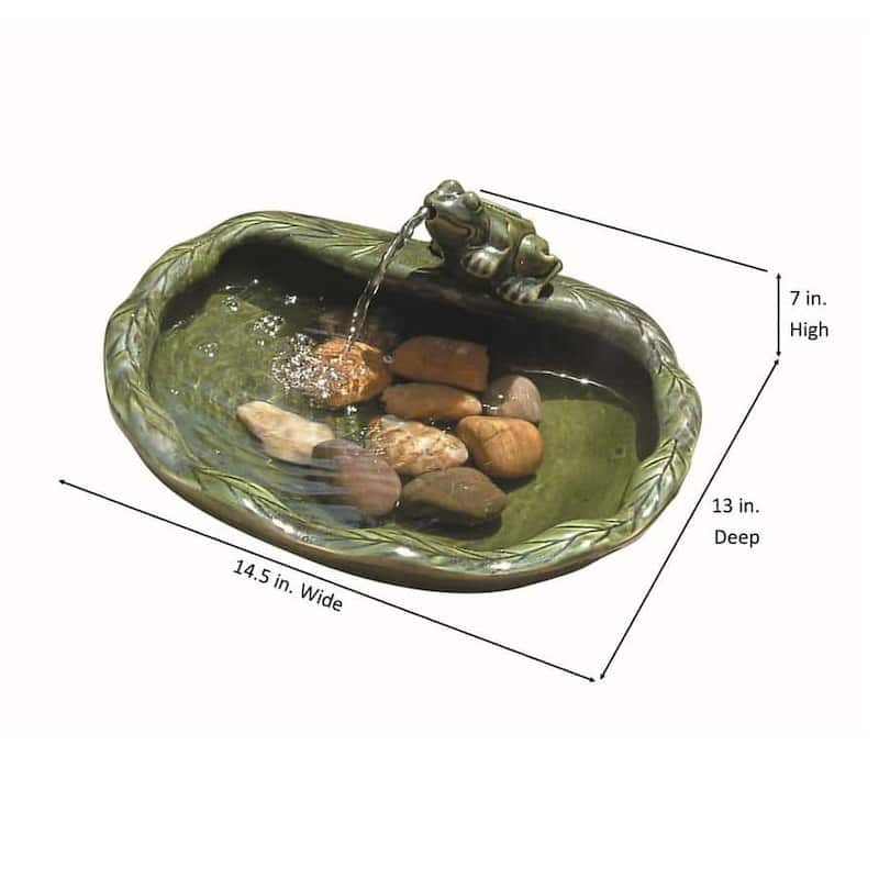 Green Glazed Ceramic Fountain Bird Bath with Frog and Solar Pump - 14.6W x 7.1D x 5H in.