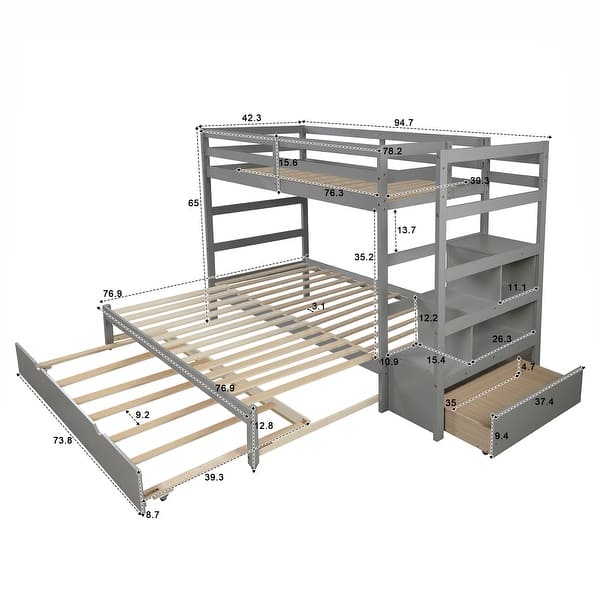dimension image slide 0 of 2, Twin over Twin/King Bunk Bed with Twin Size Trundle, Extendable Bunk Bed