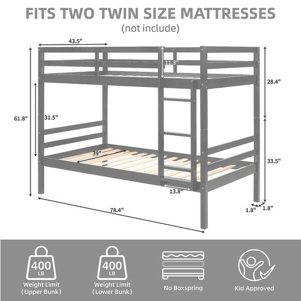 dimension image slide 3 of 4, Twin Bunk Bed,Wooden,High Guardrail,Ladder,Kids Teens,Dorm Guest