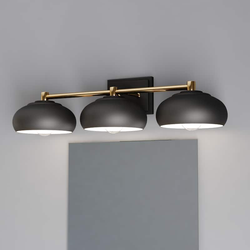 Belmont Mid Century Modern Dome Bathroom Wall Sconce Light Fixture - Matte Black and Satin Brass - 27.5-in W x 7-in H x 9.5-in D