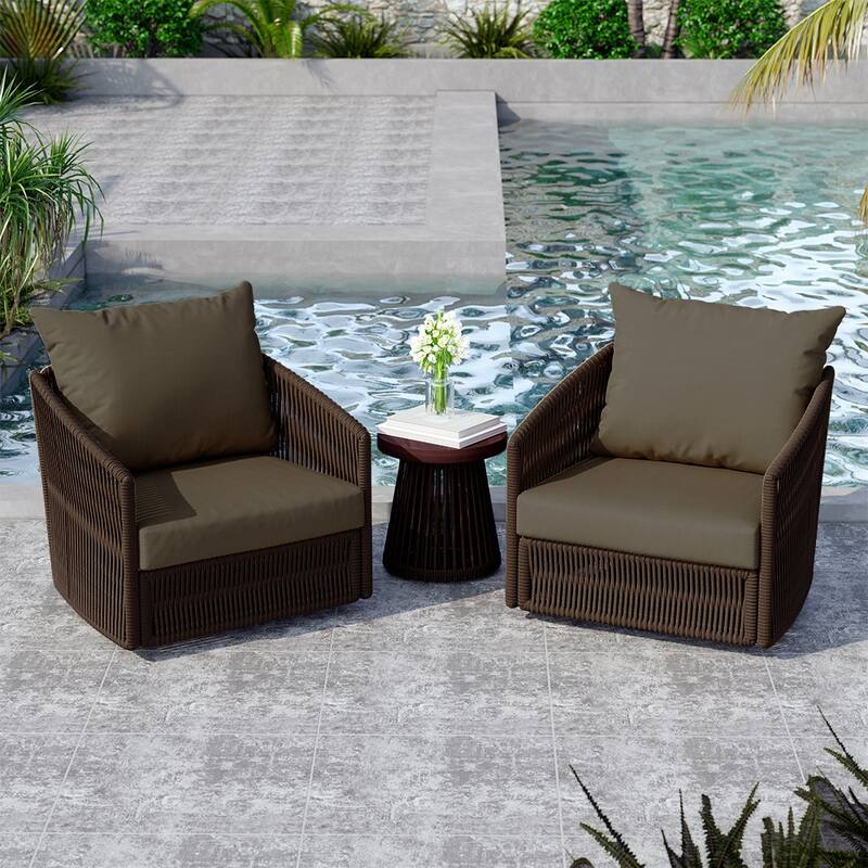 3 Piece Patio Woven Rope Swivel Chair Seating Group with Cushions - Coffee