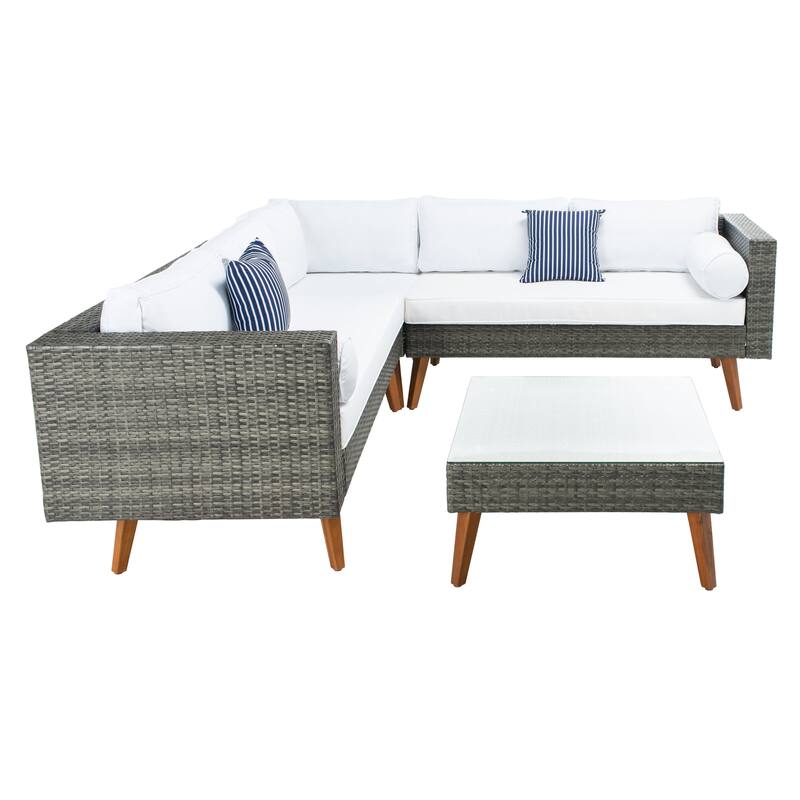 SAFAVIEH Outdoor Ulyana Outdoor Sectional Set - 54W x 26D x 28H - Grey Brown/White Cushion
