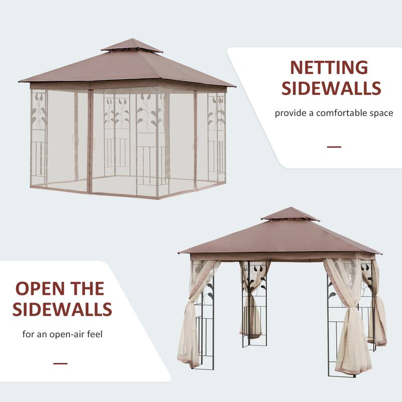10' x 10' Metal Double Roof Outdoor Gazebo Canopy Shelter with Netting