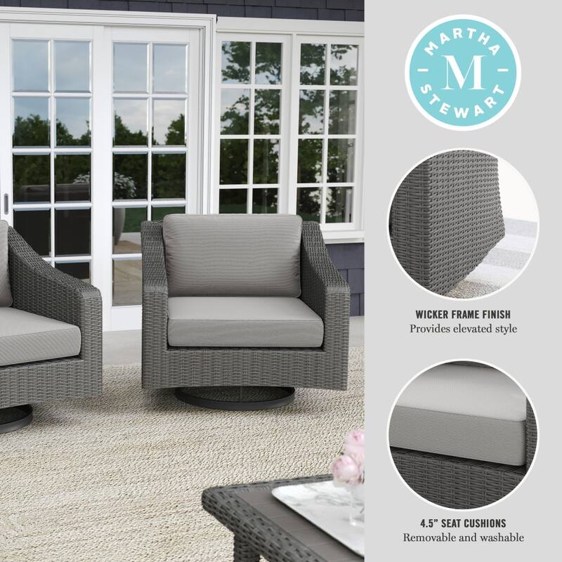 Martha Stewart 2PK Outdoor Rattan Wicker Swivel Chairs with All-Weather Cushions - 32"W x 34"D x 30"H