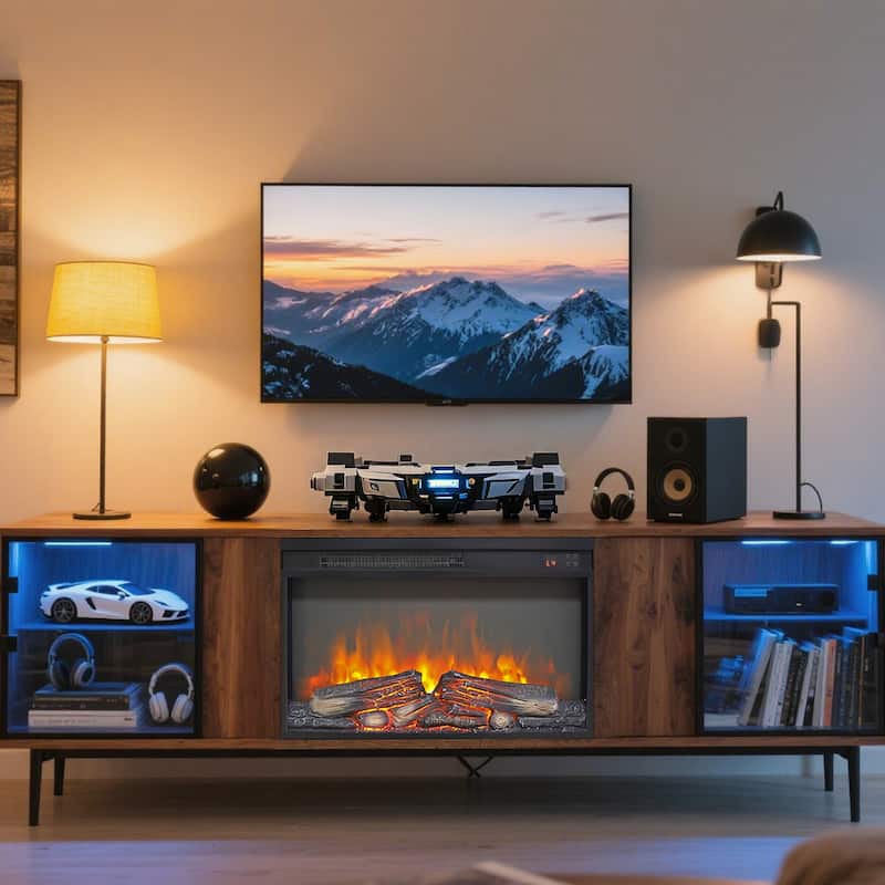 26 inch electric fireplace insert, ultra thin heater with log set & realistic flame, remote control with timer