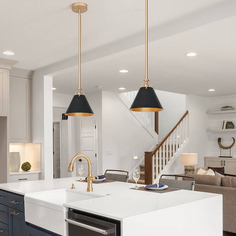 Modern Farmhouse Mini 1-light Black Kitchen Islands Pendant Lights with Metal Cone Shade - D 7.9" x H 67.9" - D 7.9" x H 67.9" - Black