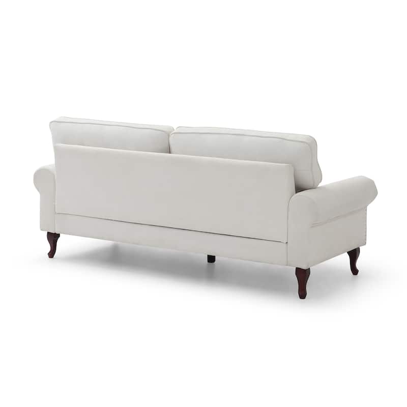 80-Inch Beige Linen 3-Seat Sofa with Wooden Legs, Crystal Button and Copper Nail, Tufted Backrest